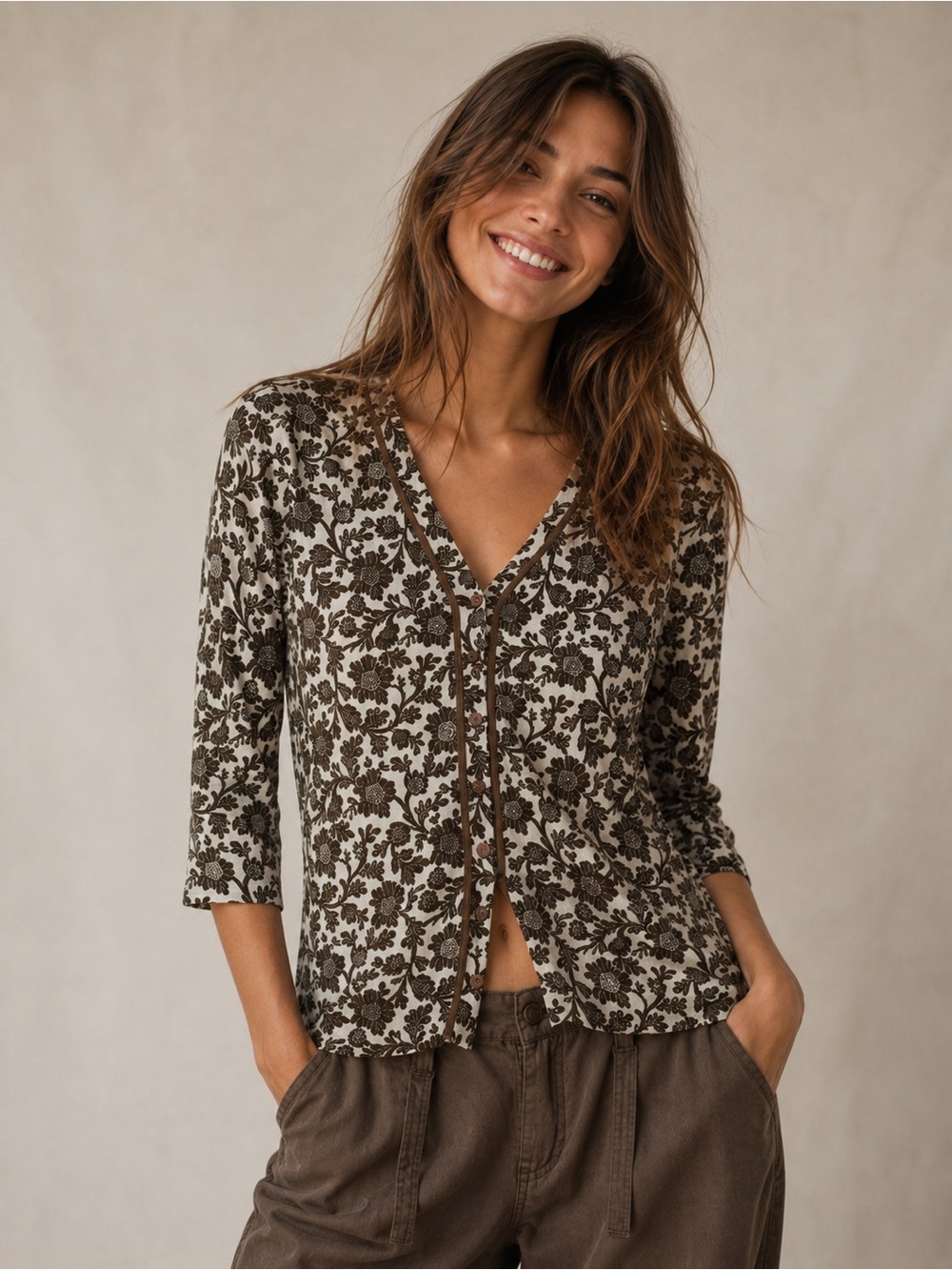 Judith Hart Womens Brown Floral Mesh Overlay Button Up Blouse Size PM